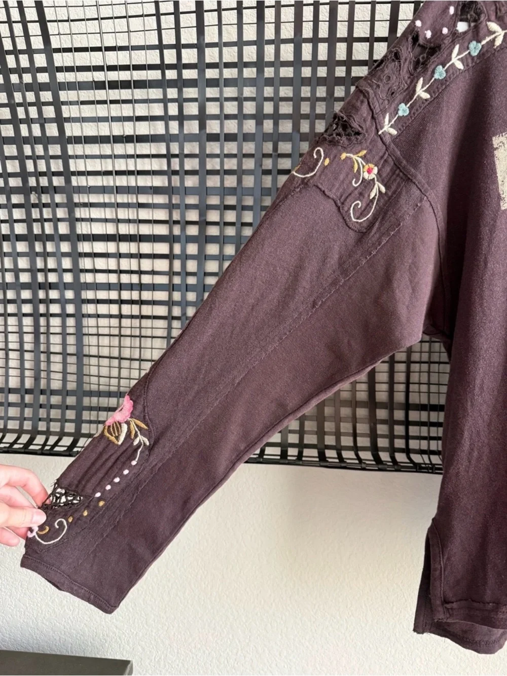 NWT Free People “we the free” Embroidered Brown Lilith Distressed '72' tee